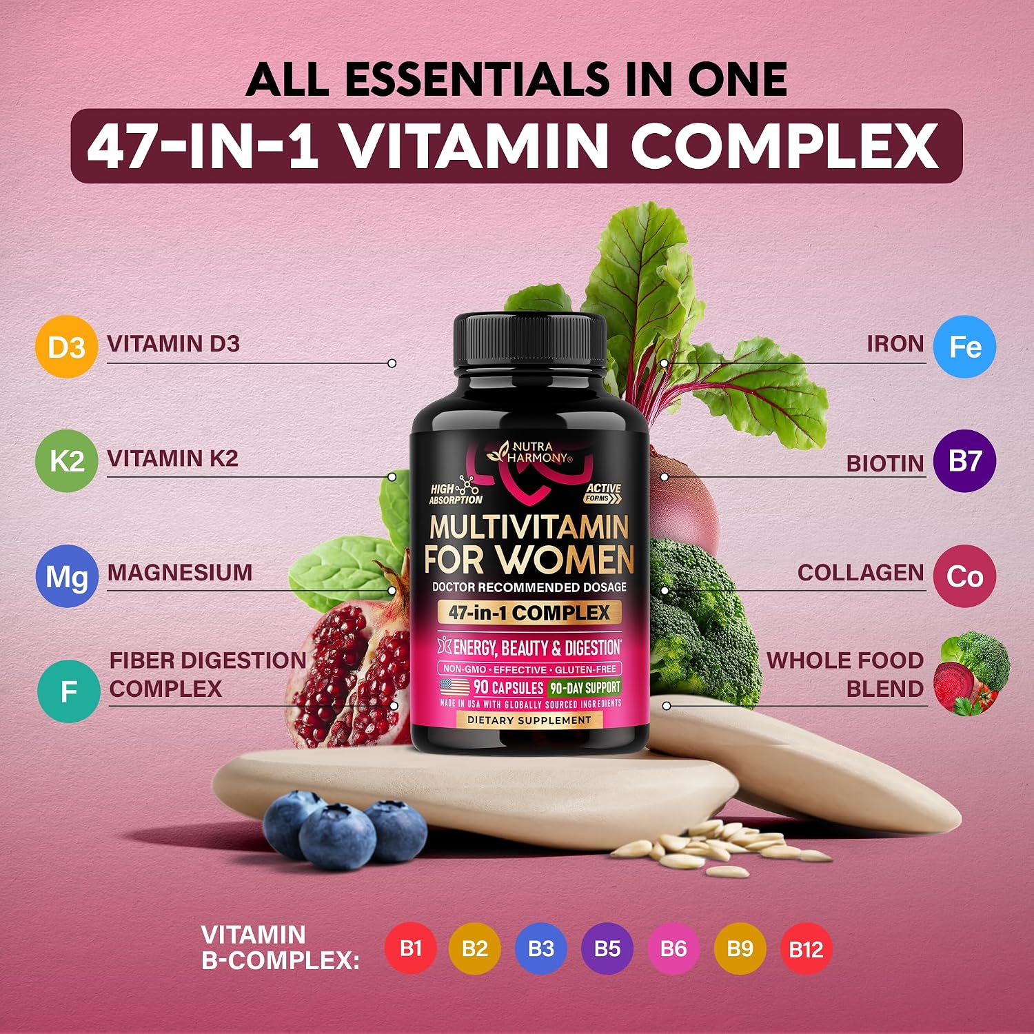 NUTRAHARMONY Multivitamínico para Mujeres 47 en 1 con Complejo B, Hierro y Alimentos Integrales - 90 Cápsulas (3 Meses)
