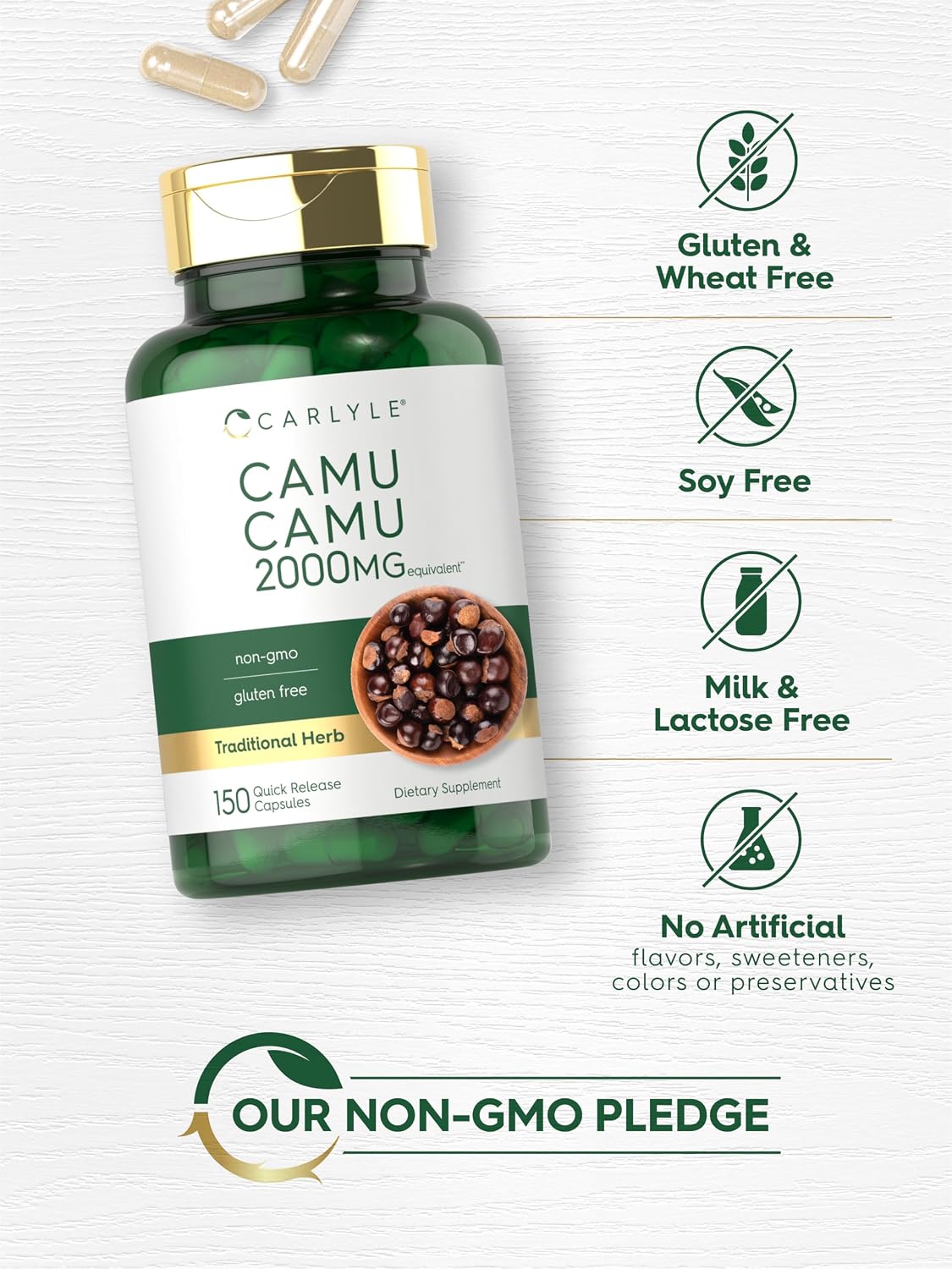 Carlyle Camu Camu con Vitamina C | 150 Cápsulas | Extracto de Hierba | Myrciaria Dubia | No Transgénico y Sin Gluten