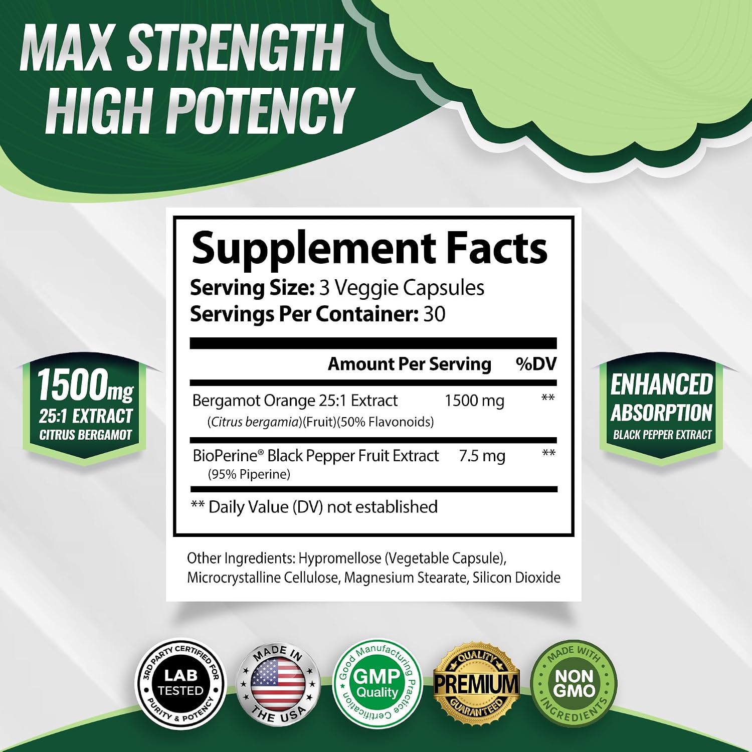Citrus Bergamot Supplement 1500mg - 25:1 Extract - 90 Cápsulas