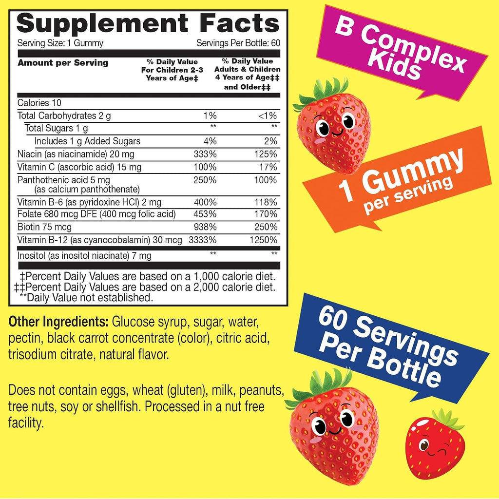 WellYeah Gomitas de Complejo B para Niños con Vitamina C - Sabor Fresa - 60 Gomitas