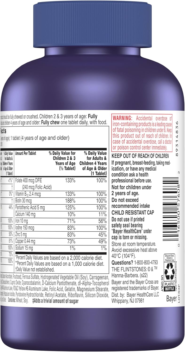 Flintstones Vitamins Multivitamínico Completo Masticable para Niños con Hierro, Calcio, Vitamina C y Vitamina D, 180 comprimidos