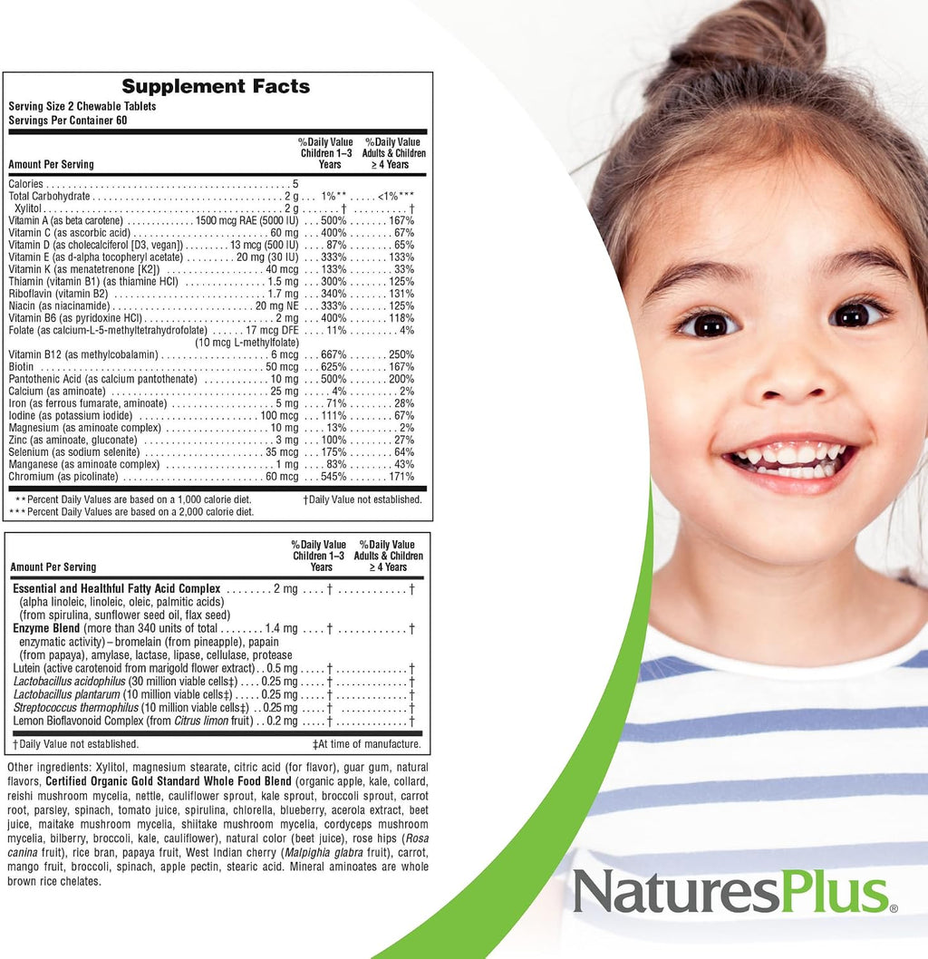 NaturesPlus Animal Parade Gold Multivitamínico Masticable para Niños - Sabor Cereza Natural - 120 Comprimidos (Envase de 2) - Con Vitamina D3, K2 y Probióticos