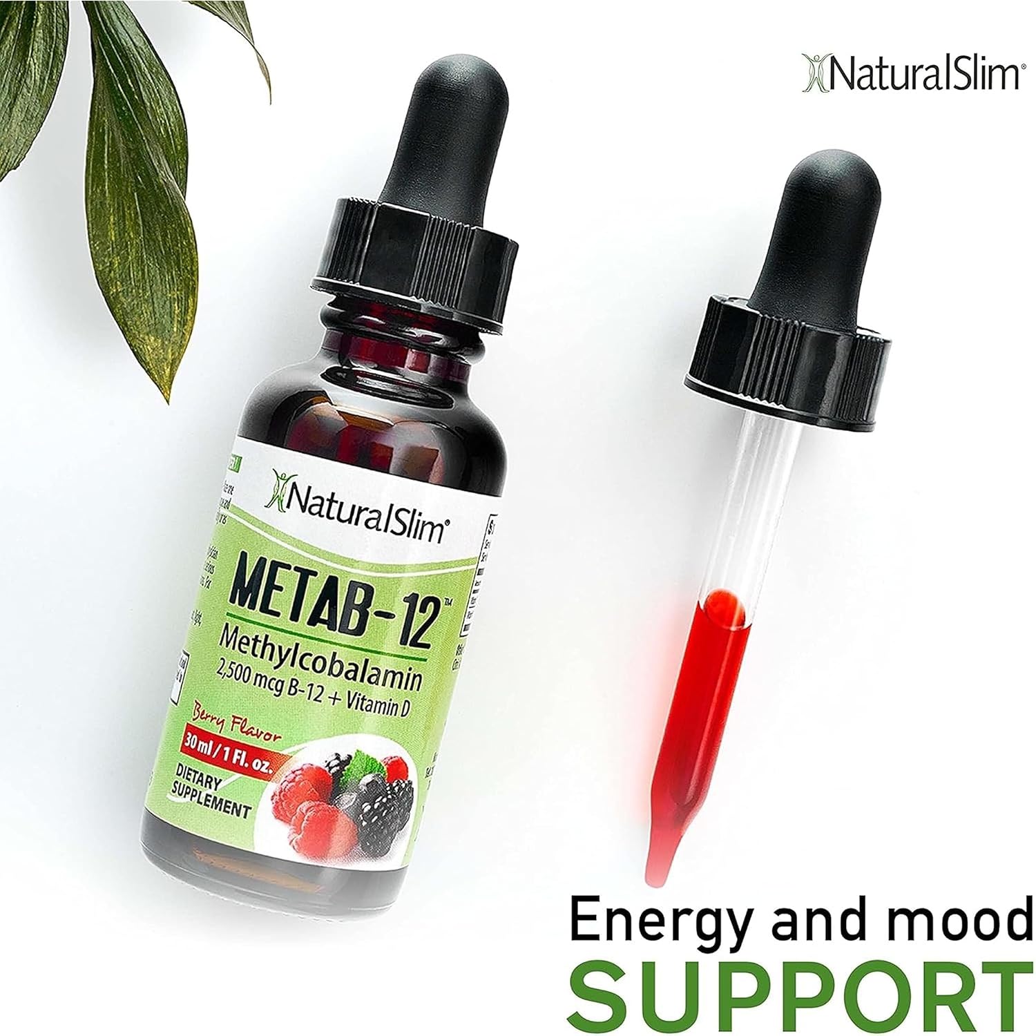 NaturalSlim Metab-12 Vitamina B12 Líquida con Vitamina D3 - Metilcobalamina 2500 mcg - Gotas Sublinguales Sabor Bayas 30 ml