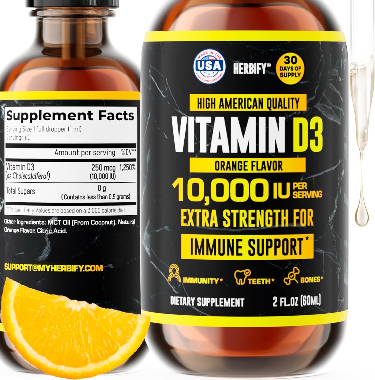 HERBIFY Vitamina D3 10000 UI - Gotas Líquidas - Salud Ósea e Inmunológica - 30 Días - 60 ml
