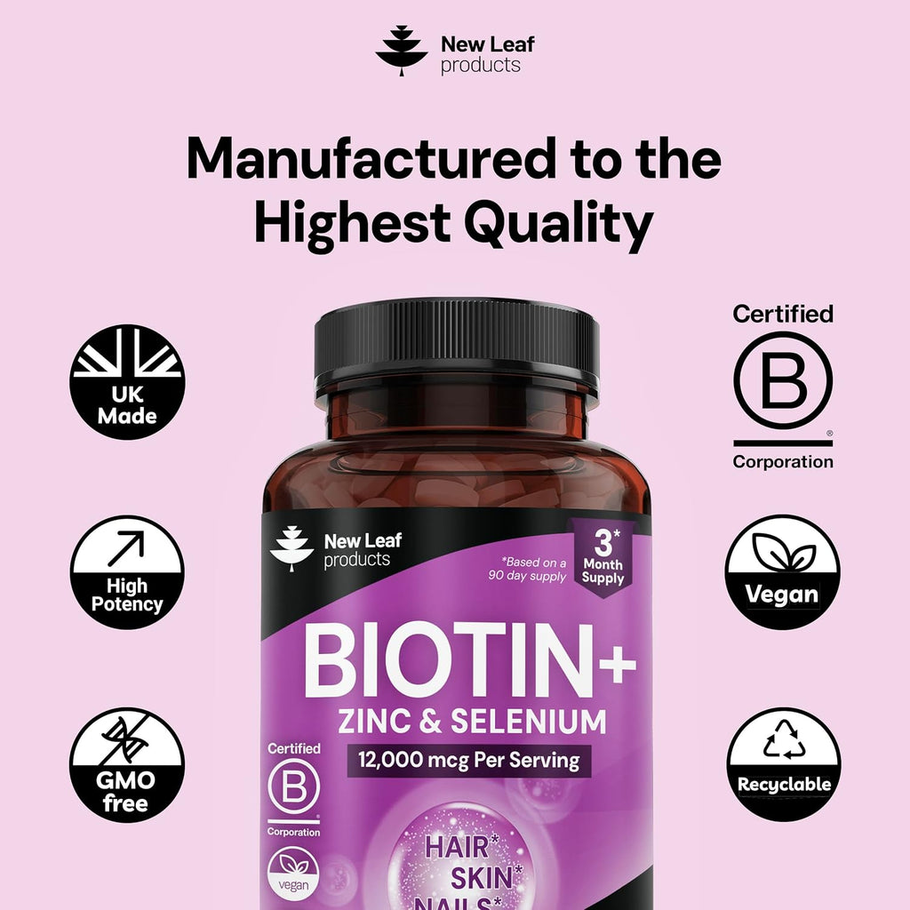 Biotina 12.000 μg para Cabello, Piel y Uñas | Alta Dosis | Vegano | 180 Comprimidos | New Leaf