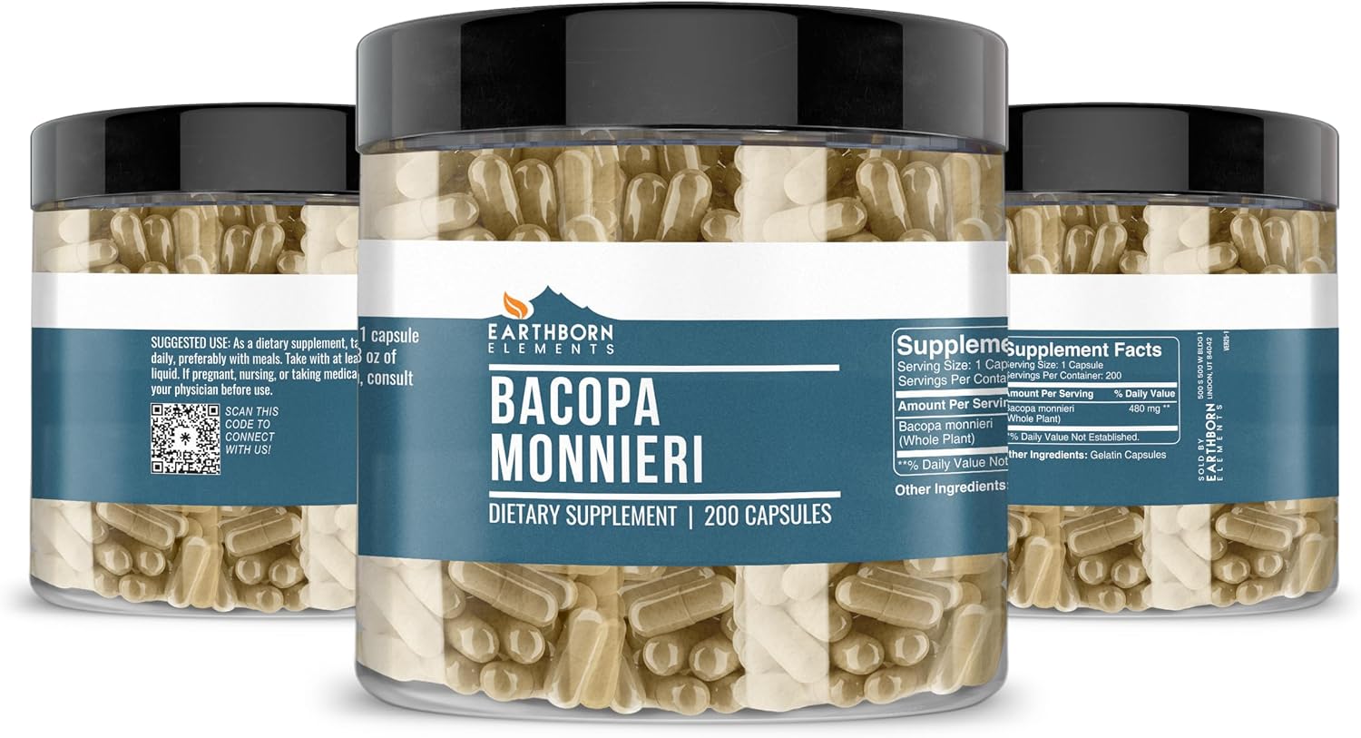 Earthborn Elements Bacopa Monnieri 200 Cápsulas, Puro y Sin Aditivos