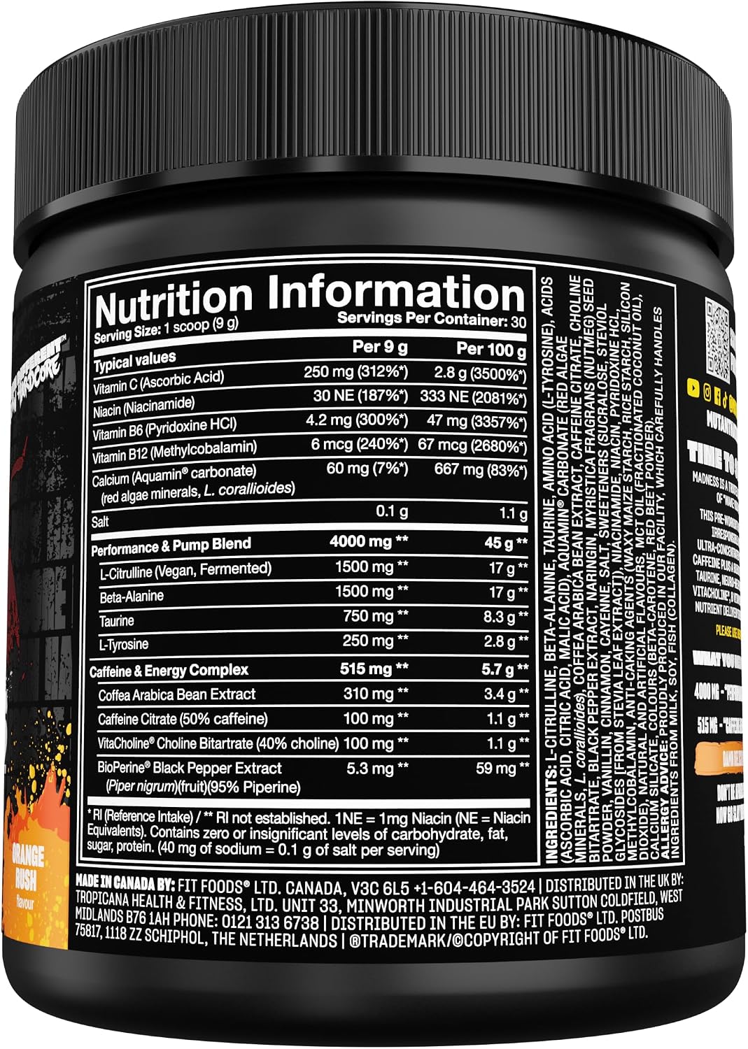 Mutant Madness Pre Workout en Polvo - 30 Servicios - Orange Rush