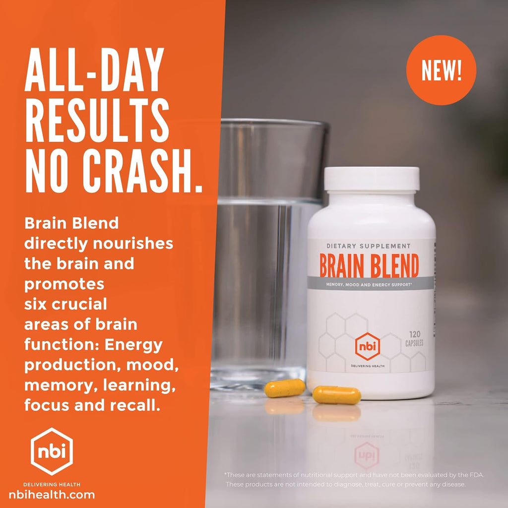 NBI Brain Blend para Memoria, Concentración y Función Cognitiva | Sin Cafeína con ALCAR, Ácido Alfa Lipoico, Huperzina A, Cúrcuma | Nootrópico | 120 Cápsulas