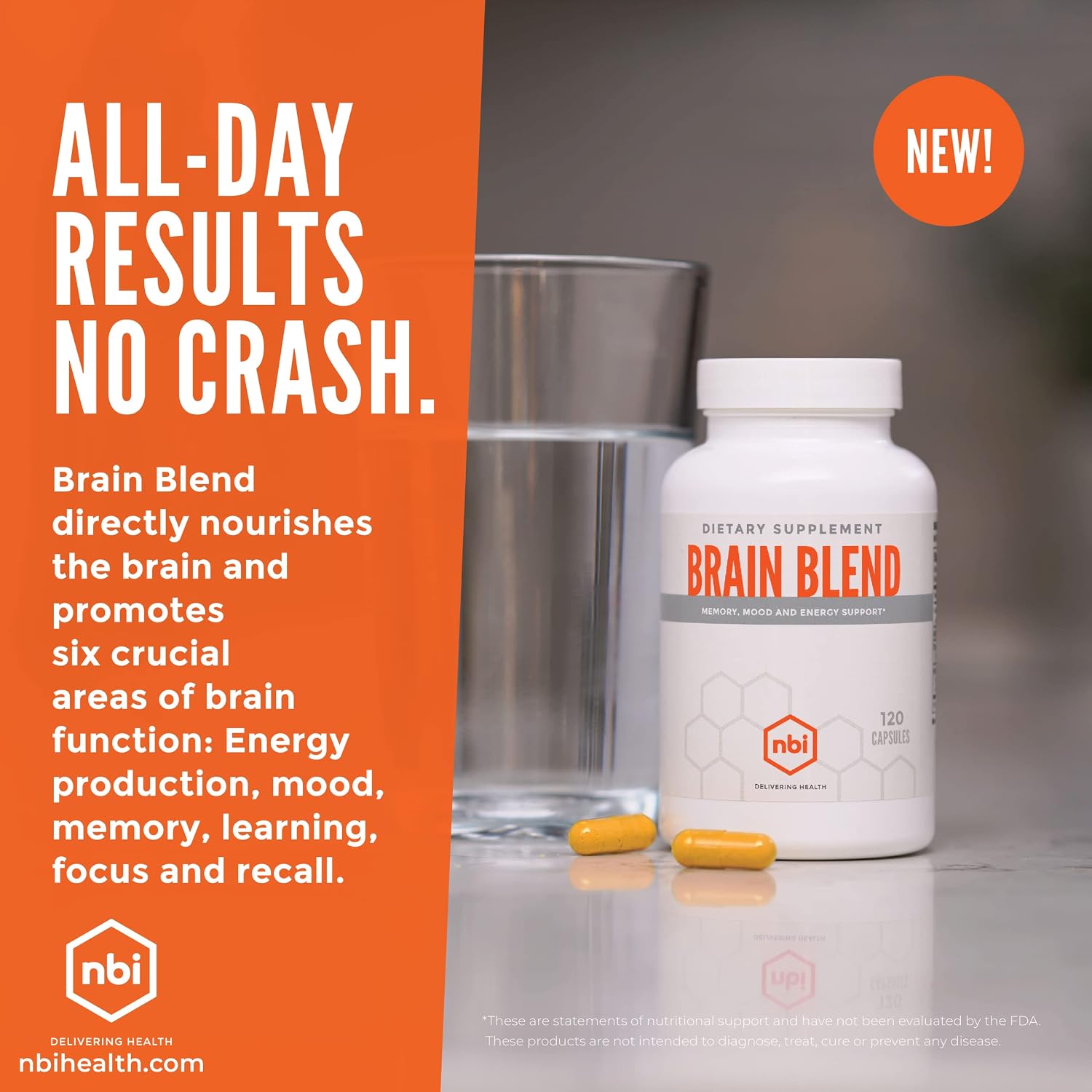 NBI Brain Blend para Memoria, Concentración y Función Cognitiva | Sin Cafeína con ALCAR, Ácido Alfa Lipoico, Huperzina A, Cúrcuma | Nootrópico | 120 Cápsulas