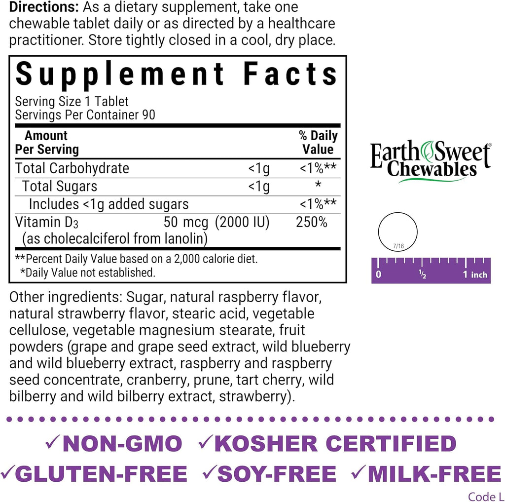 Bluebonnet Nutrition Earth Sweet Vitamina D3 2000 UI Comprimibles - Sabor Frambuesa, 90 Comprimidos