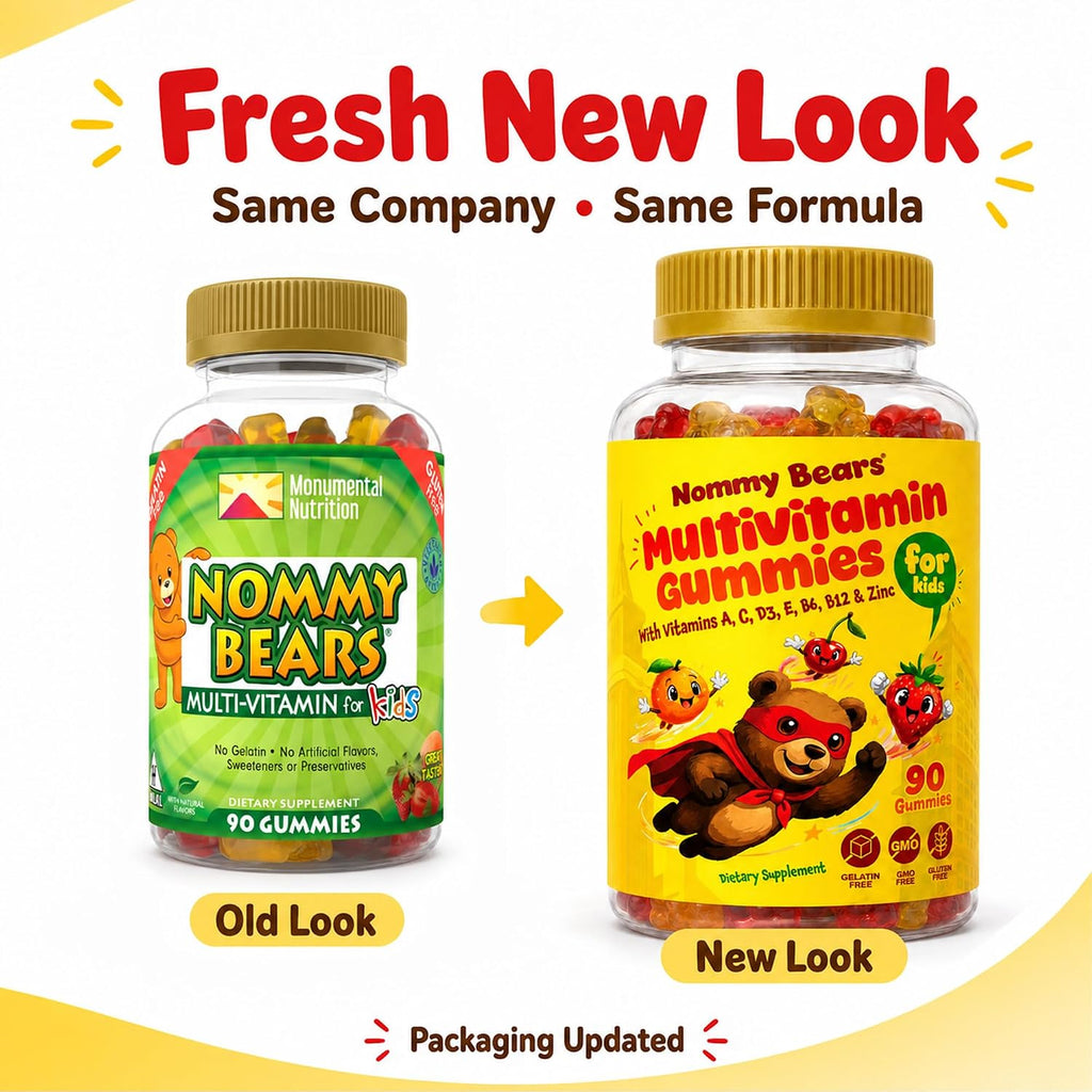 NOMMY BEARS Gomitas Multivitamínicas para Niños - 11 Vitaminas Esenciales, Sin Gelatina, Vegano, Sin Gluten y Sin Lácteos, Sabor Natural, 90 Gomitas (45 Días)