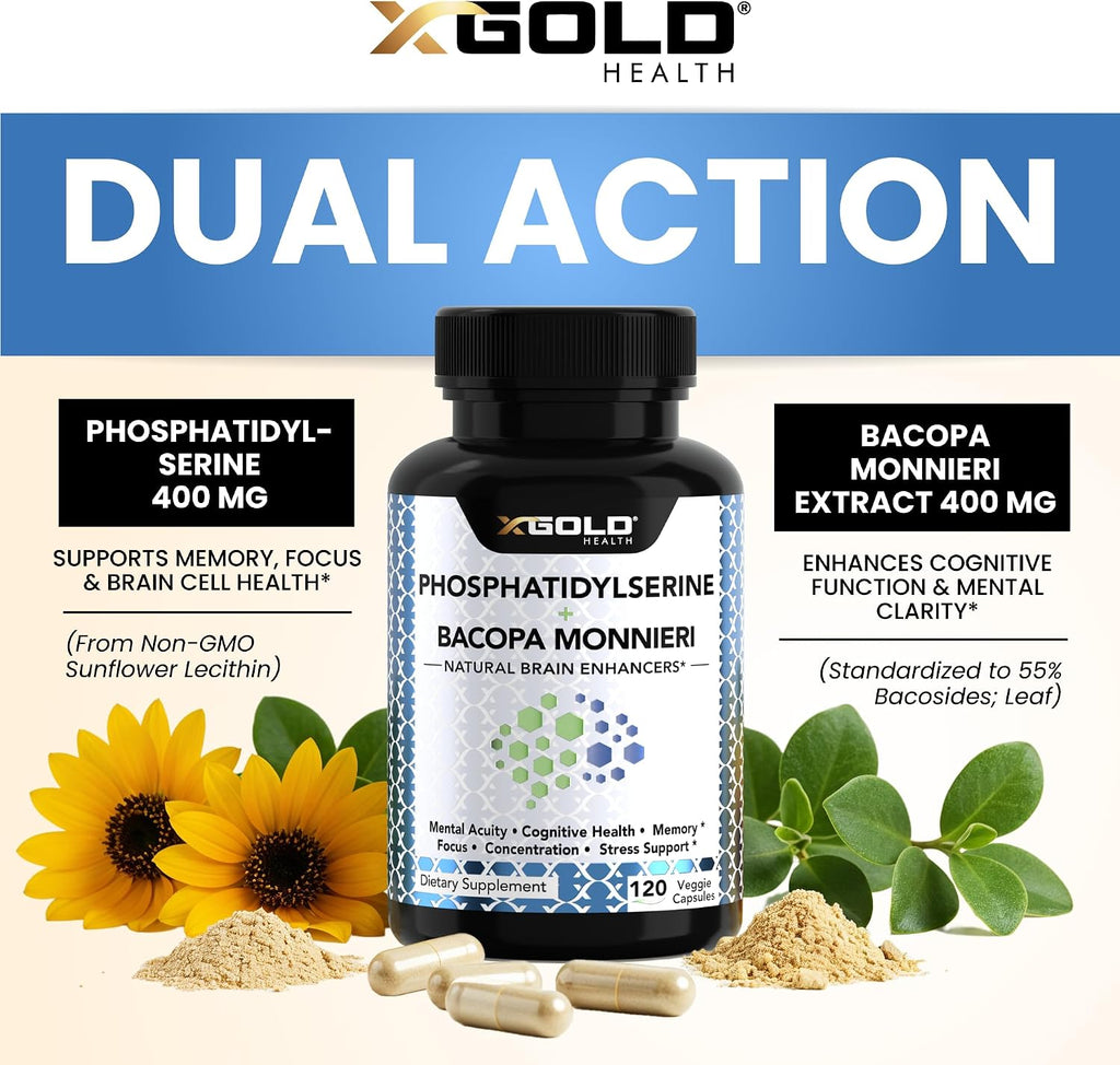 X Gold Health Phosphatidylserine y Bacopa Monnieri 800 mg | Suplemento Nootrópico para el Enfoque y la Memoria | 120 Cápsulas Vegetales