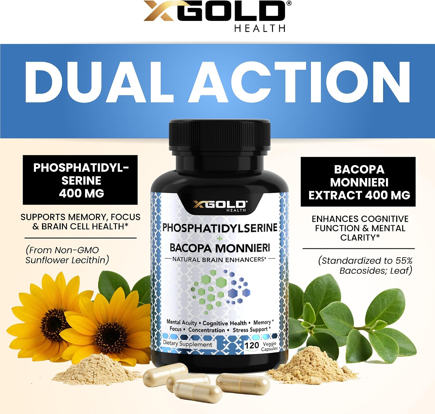 X Gold Health Phosphatidylserine y Bacopa Monnieri 800 mg | Suplemento Nootrópico para el Enfoque y la Memoria | 120 Cápsulas Vegetales