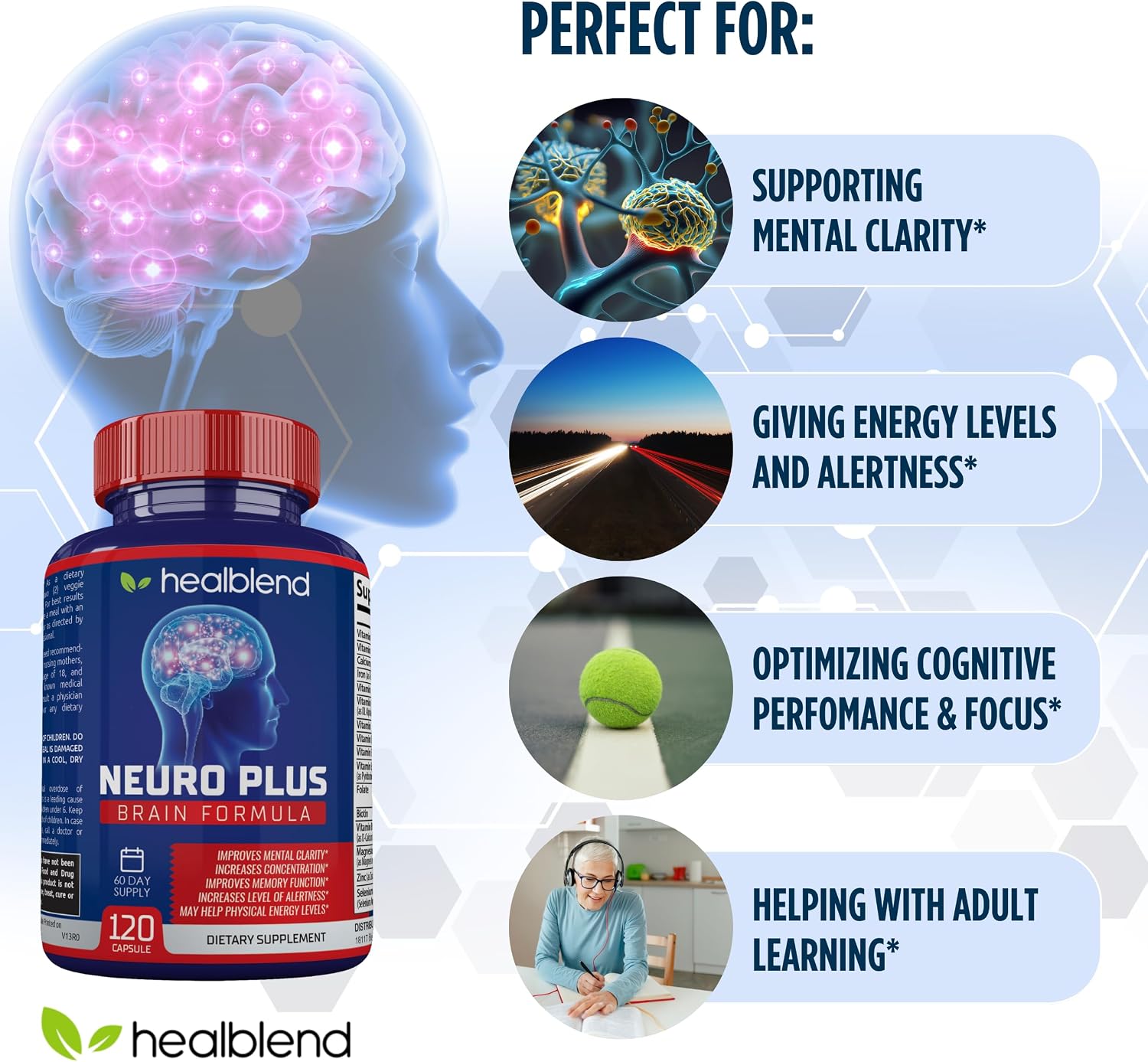 Neuro Plus Brain & Focus Formula - Nootrópico para Cerebro, Concentración y Claridad Mental - 120 Cápsulas