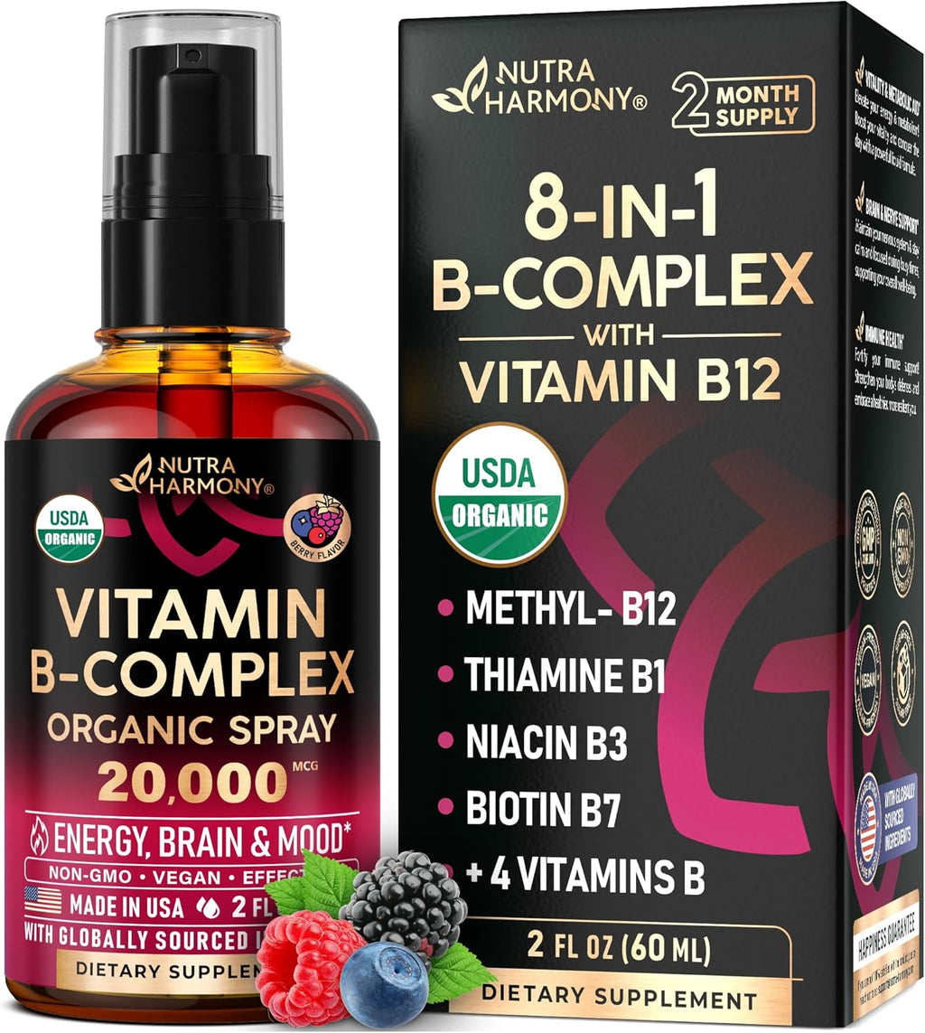 Spray de Complejo B Orgánico USDA - 8 Vitaminas B - Sabor Bayas - 60 ml