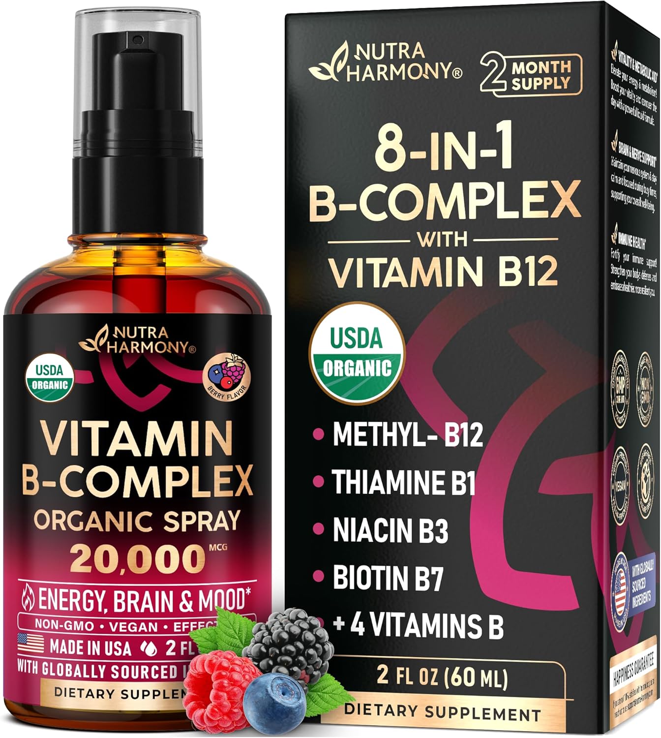 Spray de Complejo B Orgánico USDA - 8 Vitaminas B - Sabor Bayas - 60 ml