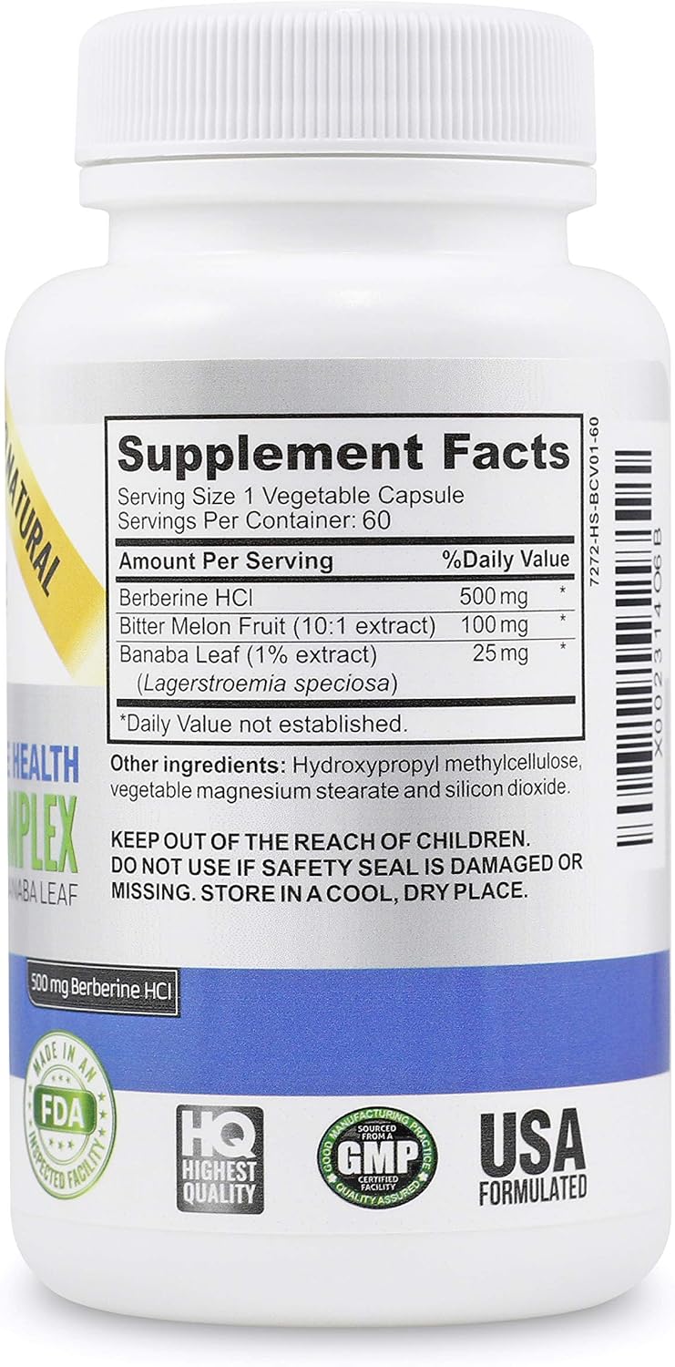 Berberina de Alta Potencia 500 mg + Melón Amargo y Banaba - Apoyo al Sistema Inmunitario - Salud Cardiovascular y Gastrointestinal - 60 Cápsulas Vegetarianas