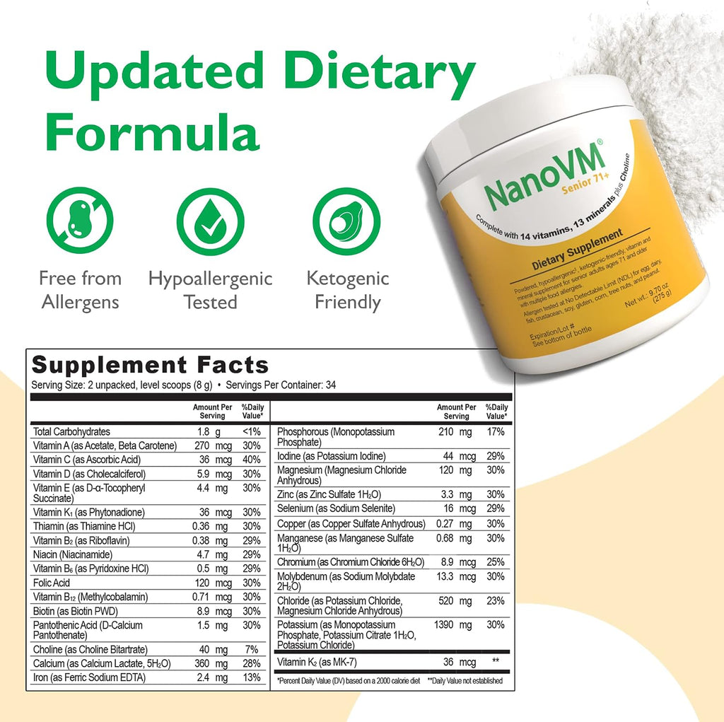 NanoVM Senior 71+ Multivitamin Powder - 14 Vitaminas y 13 Minerales, Sin Alérgenos, Bajo en Carbohidratos, 275g