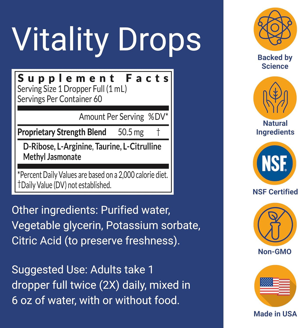 Strength24+ Gotas de Vitalidad, Control de la Vejiga, Salud Celular y Energía, 60 Dosis (1 Mes), con Extracto de Jazmín y Aminoácidos, Recuperación Muscular, Apoyo para Dormir, 60 ml