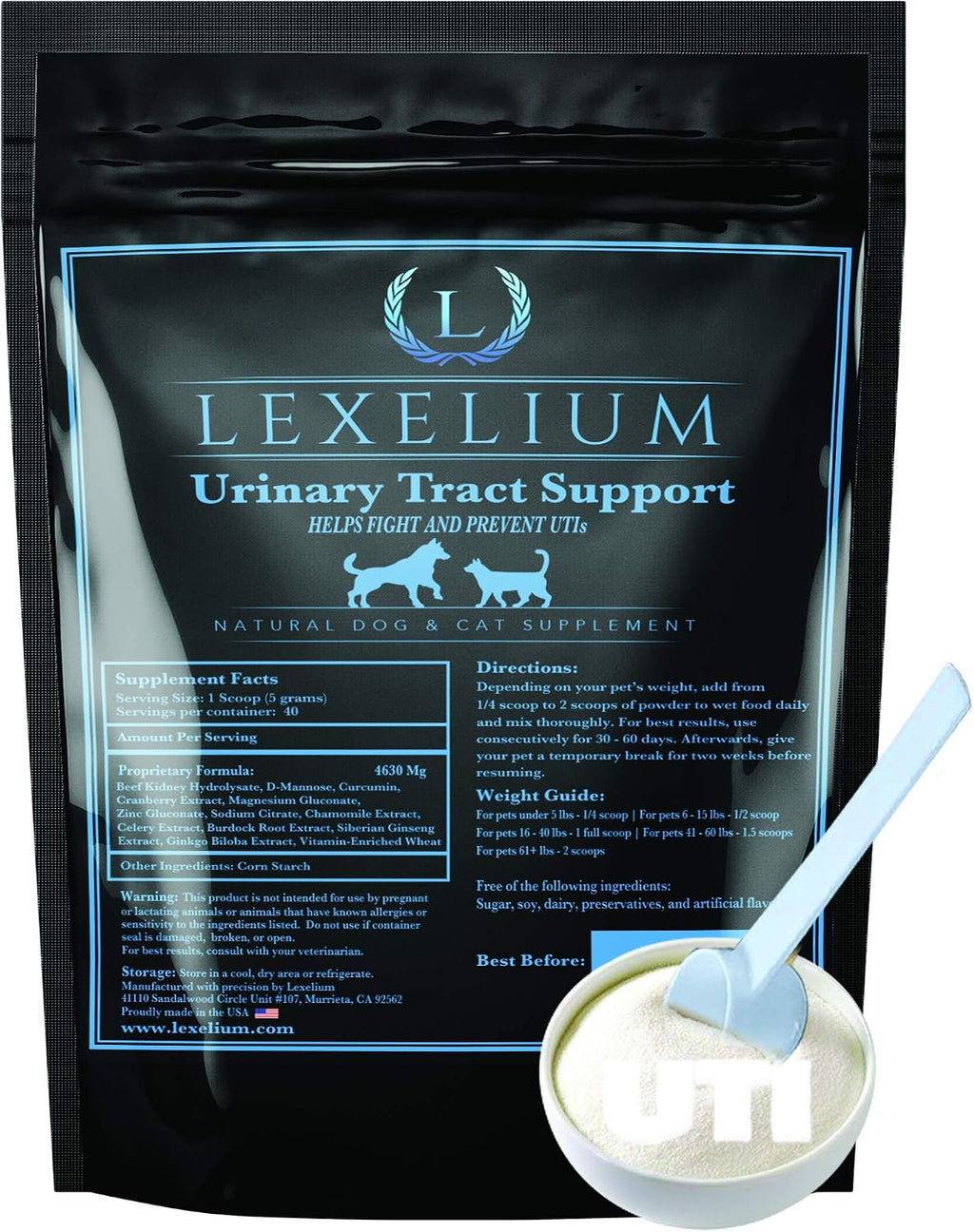 Lexelium Suplemento Orgánico para el Tracto Urinario de Perros y Gatos - con Arándano Rojo, D-Manosa y Cúrcuma - 200 g