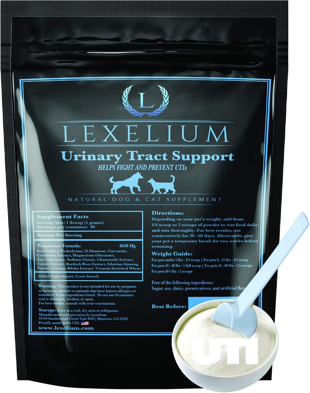 Lexelium Suplemento Orgánico para el Tracto Urinario de Perros y Gatos - con Arándano Rojo, D-Manosa y Cúrcuma - 200 g