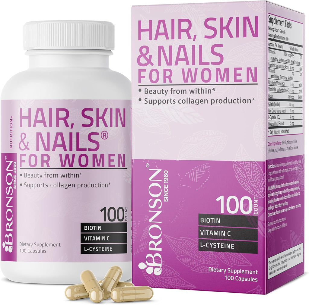 Bronson Hair, Skin & Nails con Biotina Extra Fuerte - 100 Cápsulas