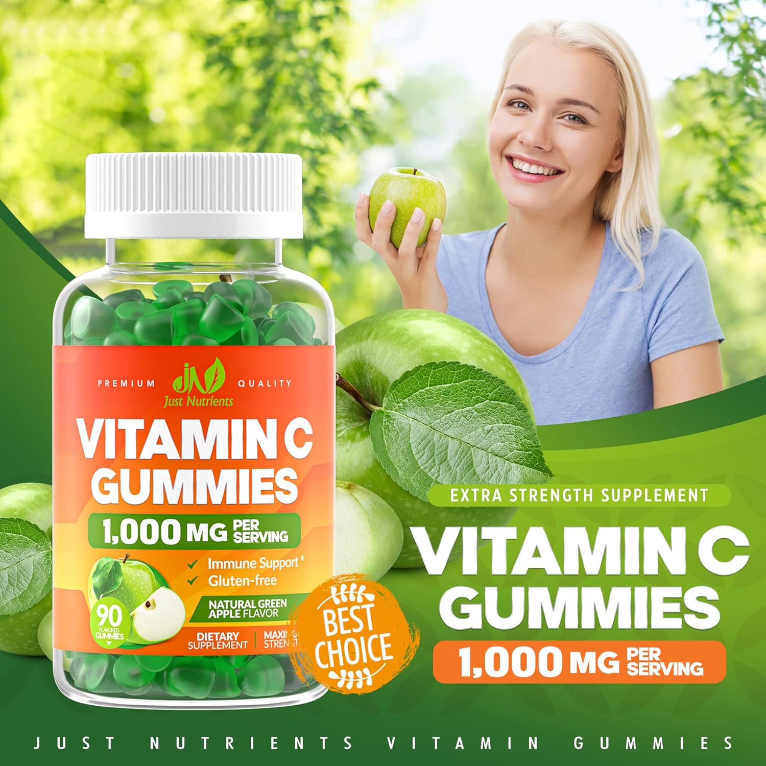 Vitamin C 1000mg Gummies (90 Count) - Maximum Strength Chewable Immune Support & Collagen Support for Adults & Kids - Natural Green Apple Flavor - Gluten Free, Non-GMO, Vegetarian - 90 Gummies