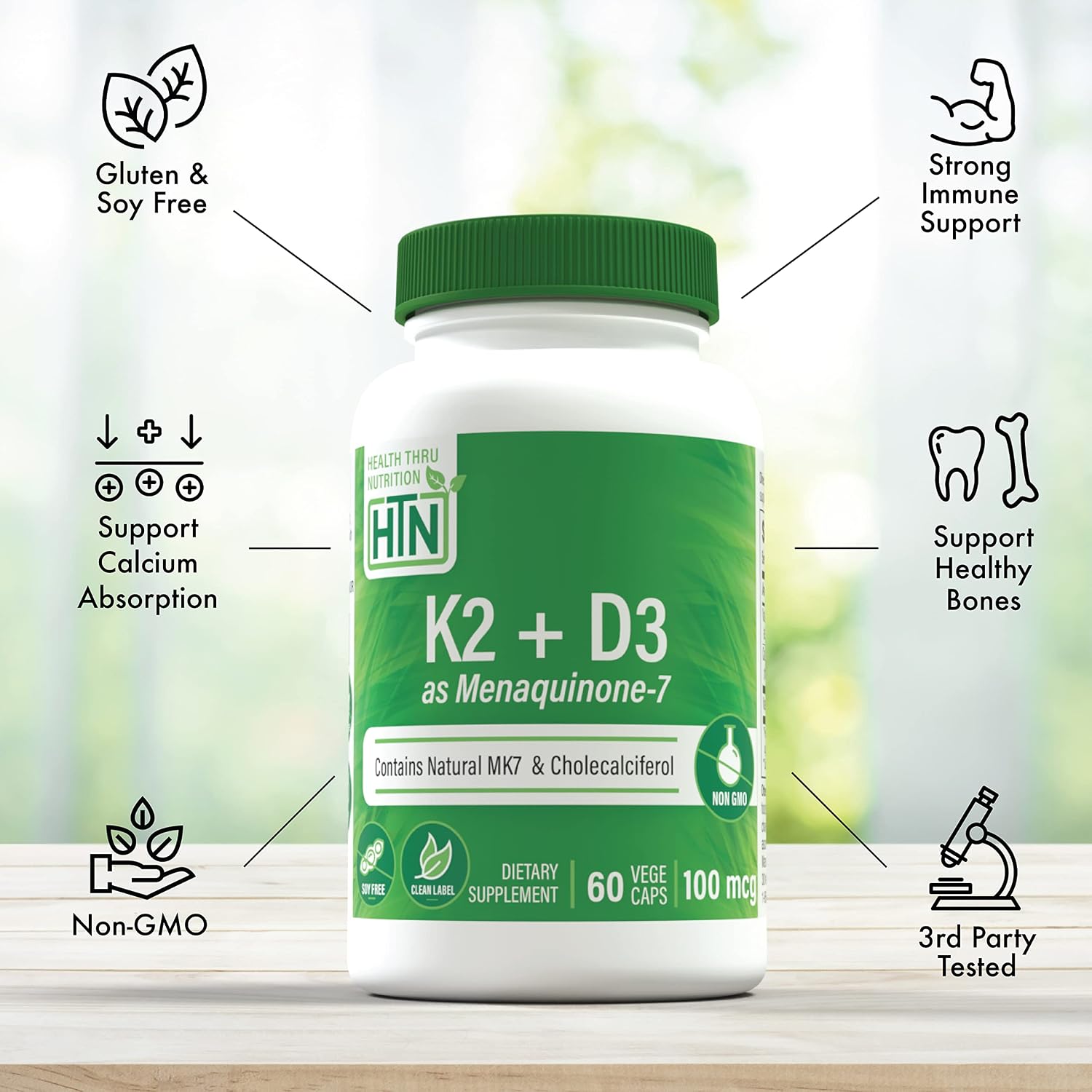 Advanced K2 (MenaQ7) 100 mcg con Vitamina D3 1000 UI, 60 Cápsulas Vegetales