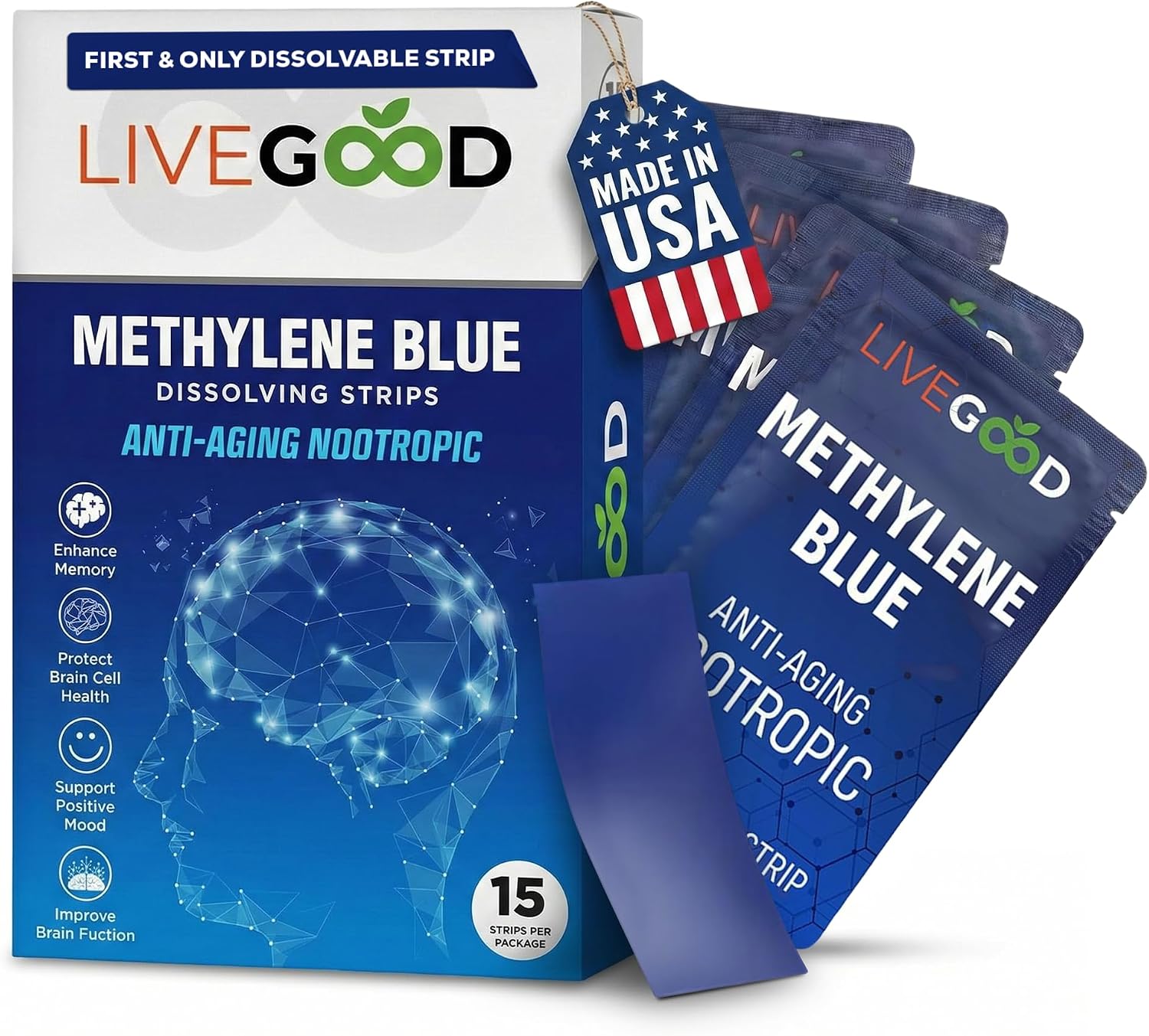 Suplemento de Azul de Metileno en Tiras Sublinguales - Grado Farmacéutico - Sabor Menta, 15 Tiras (20mg cada una)