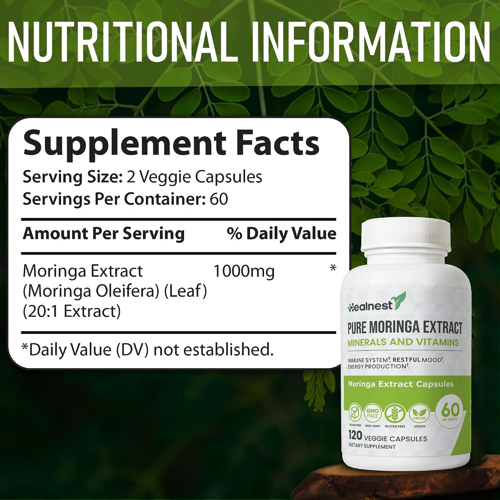 Extracto de Moringa 20:1 (20 000 mg) - Fórmula Potente - Suplemento Vegano con Vitaminas y Minerales - 120 Cápsulas - No Transgénico, Sin Gluten