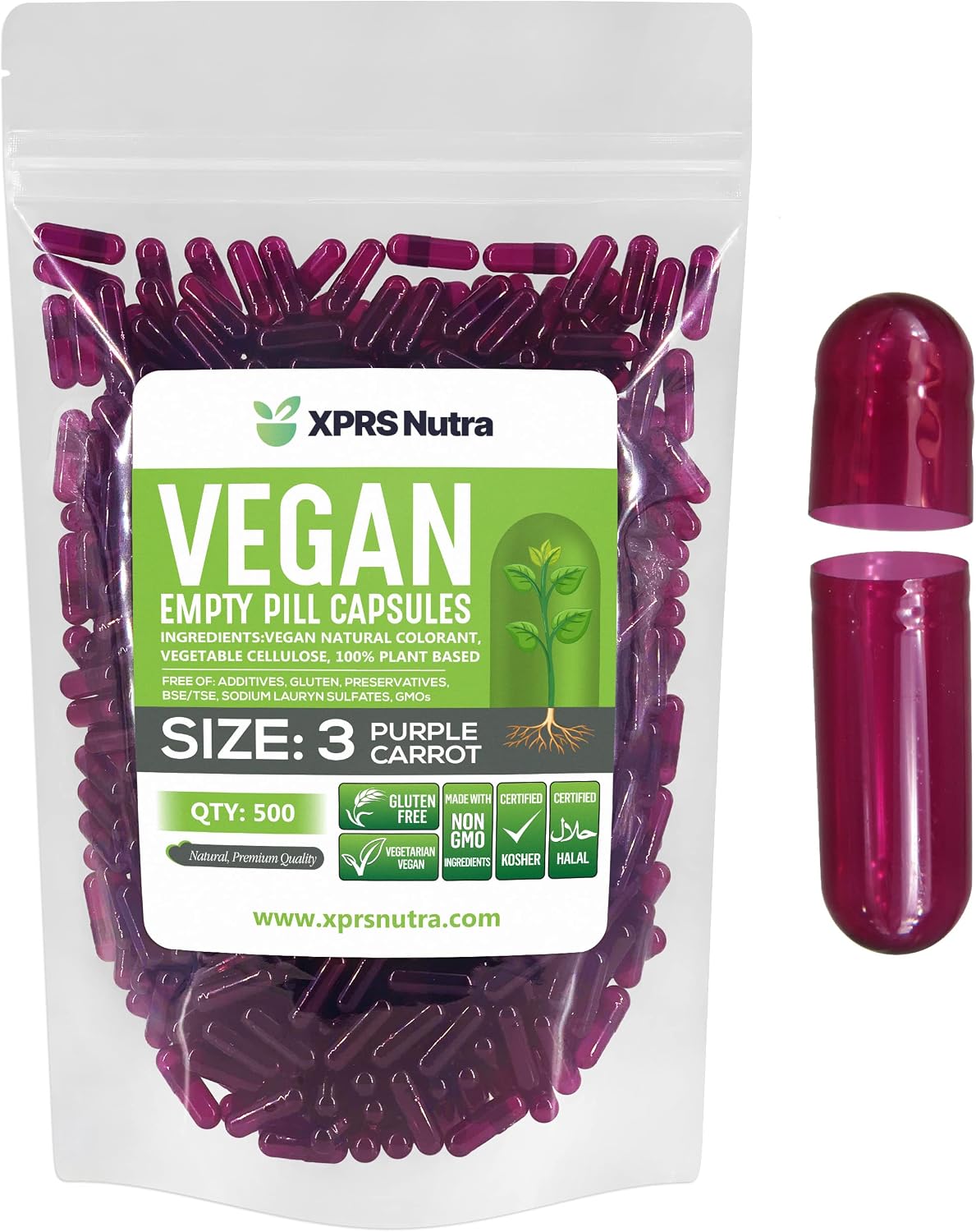 XPRS Nutra Cápsulas Vacías Tamaño 3 - 500 Unidades - Veganas - Vegetarianas - Para Rellenar - DIY - Color Zanahoria Púrpura