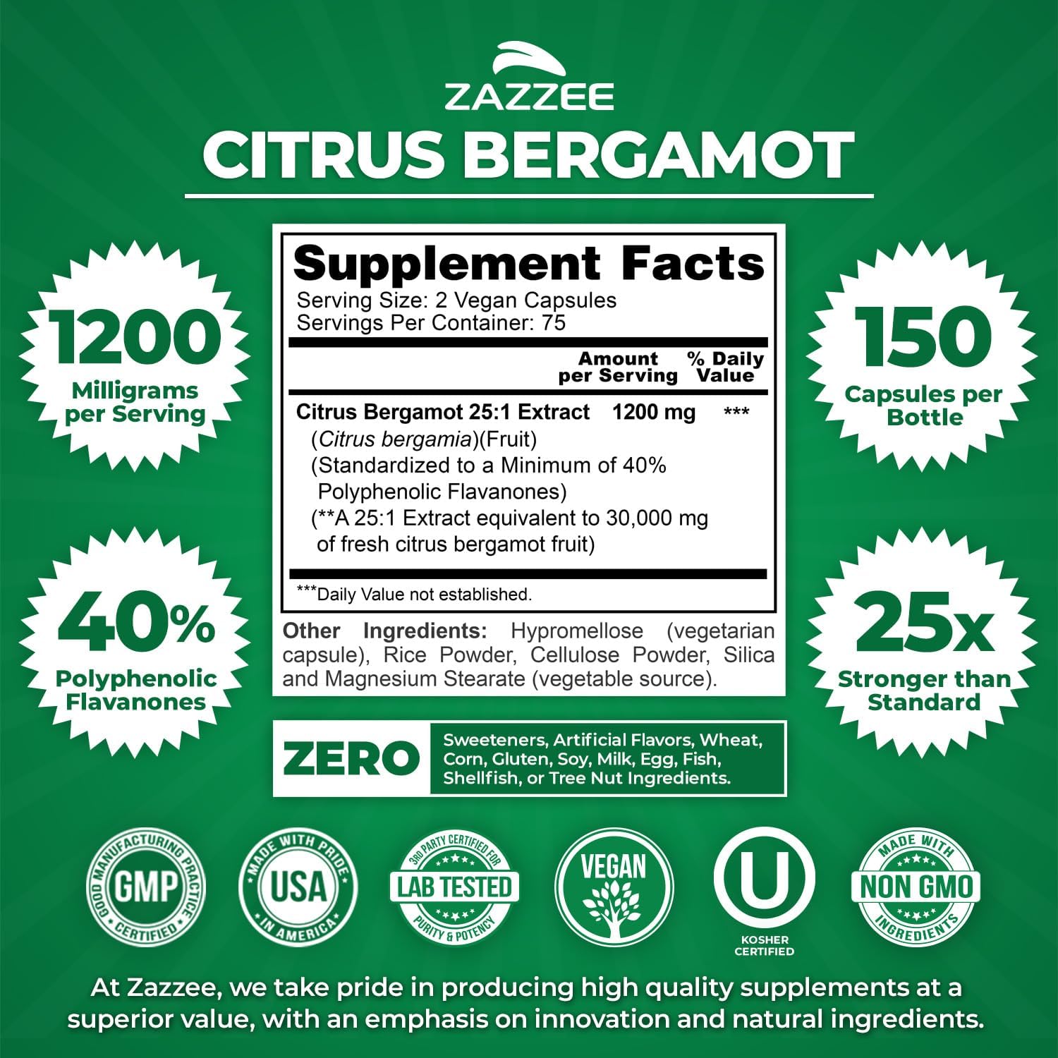 Zazzee Extracto de Bergamota Cítrica 25:1 - 1200 mg, 40% Flavanonas Polifenólicas, 150 Cápsulas Veganas