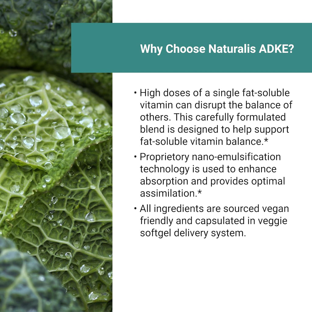 Naturalis Vegan Vitamin ADK con 50 mg de Tocotrienol y CoQ-10 | Nanoemulsionado en AOVE | No-GMO, Sin Soja, Certificado Vegano | 180 Cápsulas Vegetales (Sin Carragenina)