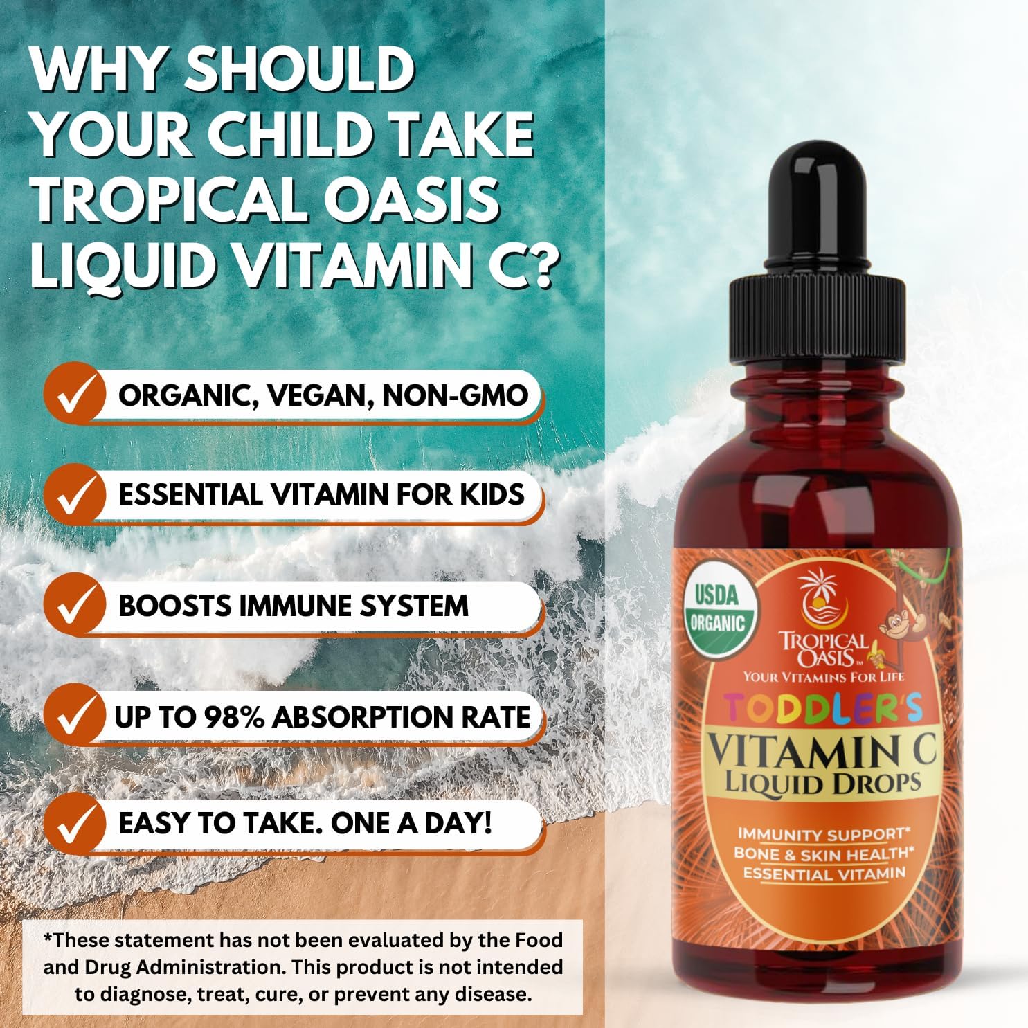 Gotas de Vitamina C Orgánicas USDA para Niños Pequeños | Apoya el Sistema Inmunitario | Vegano | Sin OMG | Sin Gluten | 60 Dosis