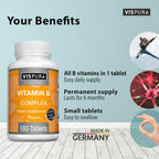VISPURA Complejo B, 180 Comprimidos Veganos, Todas las Vitaminas B Incluyendo B12, B1, B2, B3, B5, B6, B7, B9, Ácido Fólico, para el Estrés, la Energía y un Sistema Inmunológico Saludable, Suplemento Natural Sin Aditivos