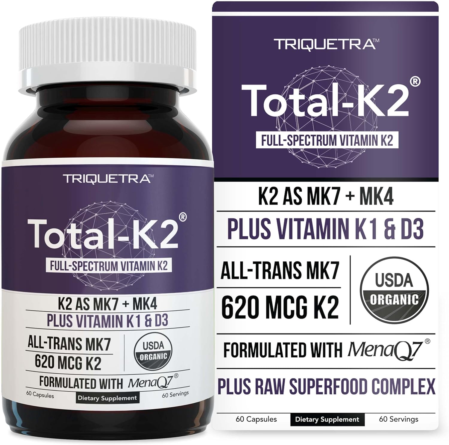 Total K2® | Vitamina K2 como MK7 y MK4 | Más K1 y Cofactor de Vitamina D3 – 620 mcg de K2 por Dosis – All-Trans MK7 de MenaQ7® – Vitamina K de Espectro Completo – Vegano, Certificado Orgánico (60 Cápsulas)
