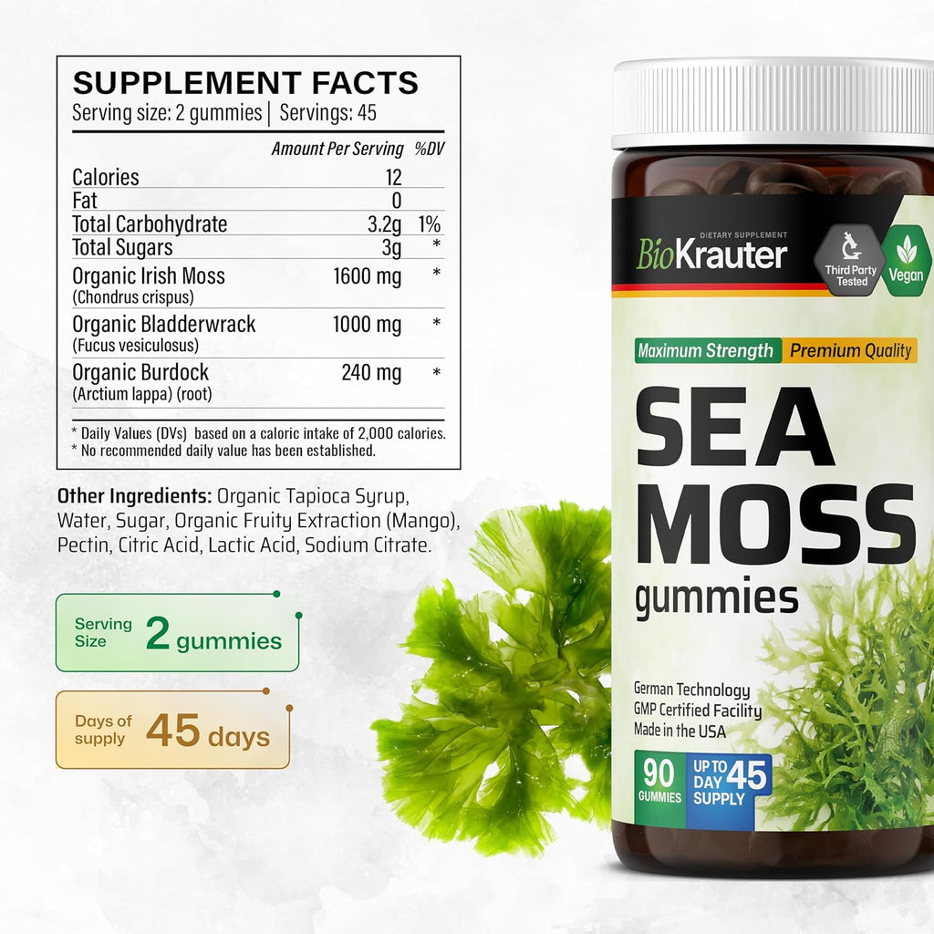 BIO KRAUTER® 3 en 1 Gominolas de Musgo Marino con Fucus y Raíz de Bardana - Veganas, Sabor Mango - 90 Gominolas (45 Días)