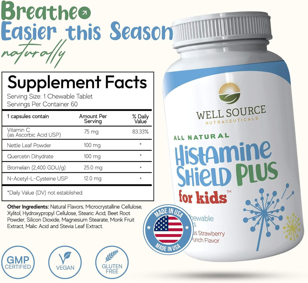 Histamine Shield Plus Antihistamínico Natural para Niños, 60 Comprimidos Masticables Sabor Fresa