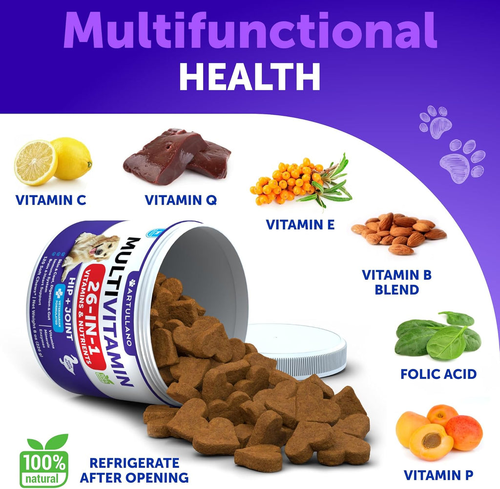 Artullano Multivitamínico para Perros 26 en 1 con Glucosamina - 120 Comprimidos Masticables