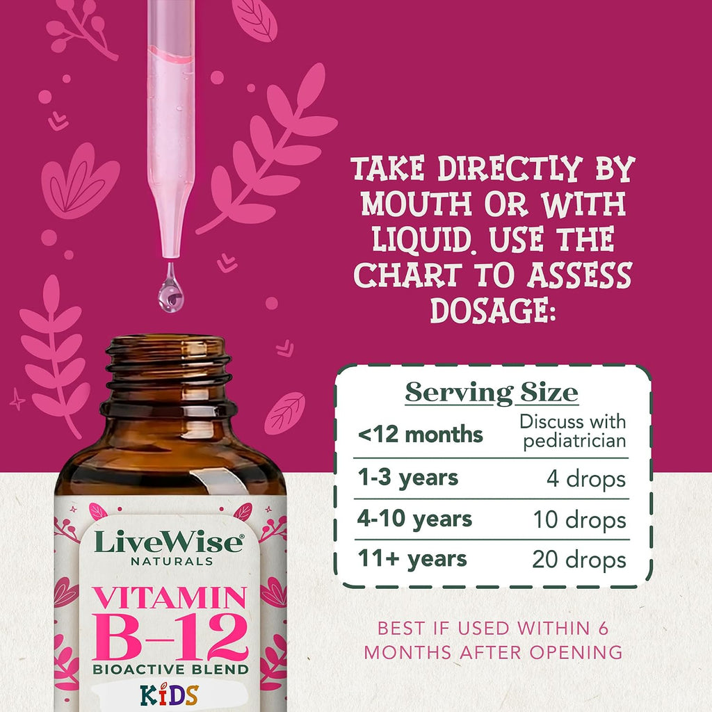 Live Wise Naturals Gotas Líquidas Orgánicas de Vitamina B12 para Niños, 12 ml (0.4 fl oz)