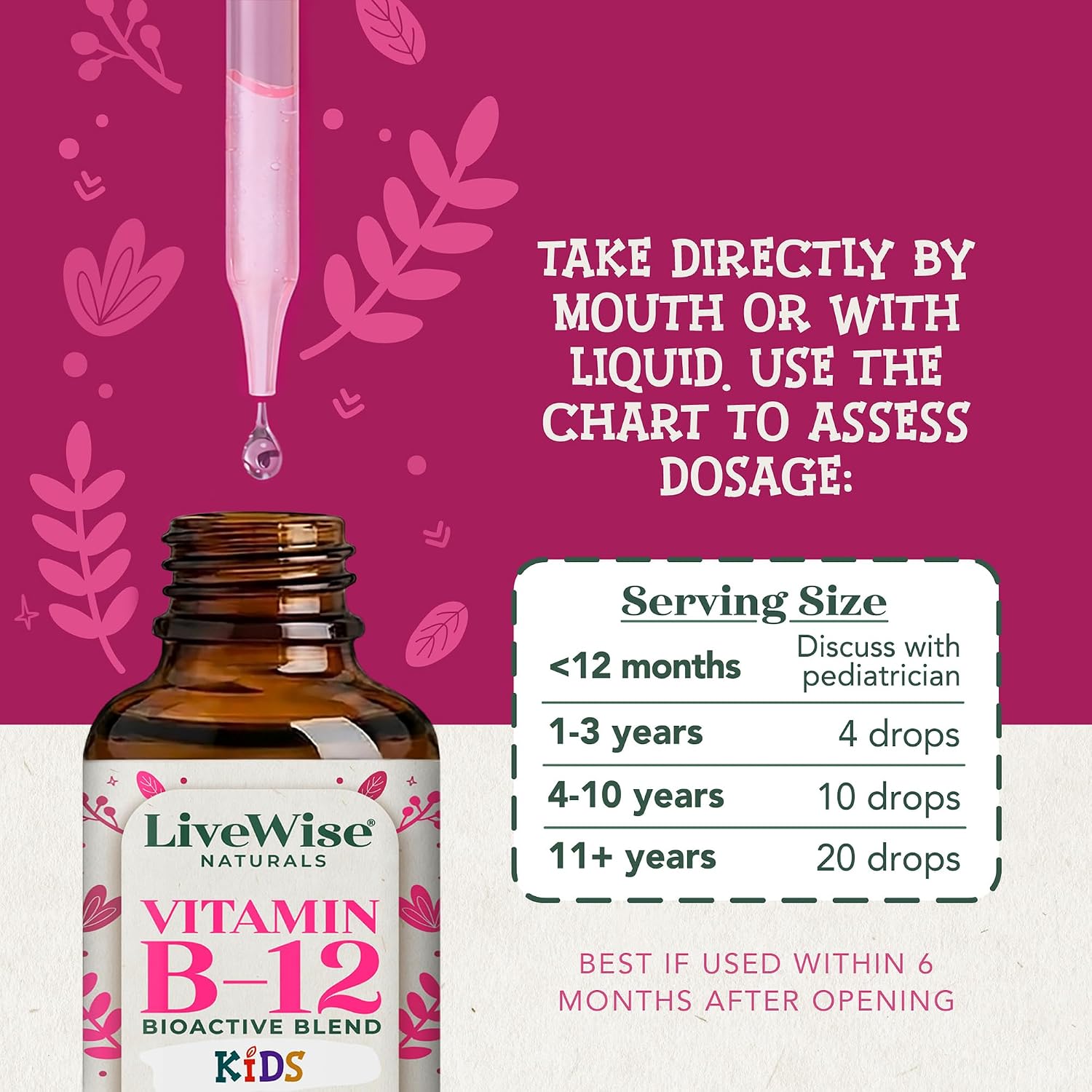 Live Wise Naturals Gotas Líquidas Orgánicas de Vitamina B12 para Niños, 12 ml (0.4 fl oz)
