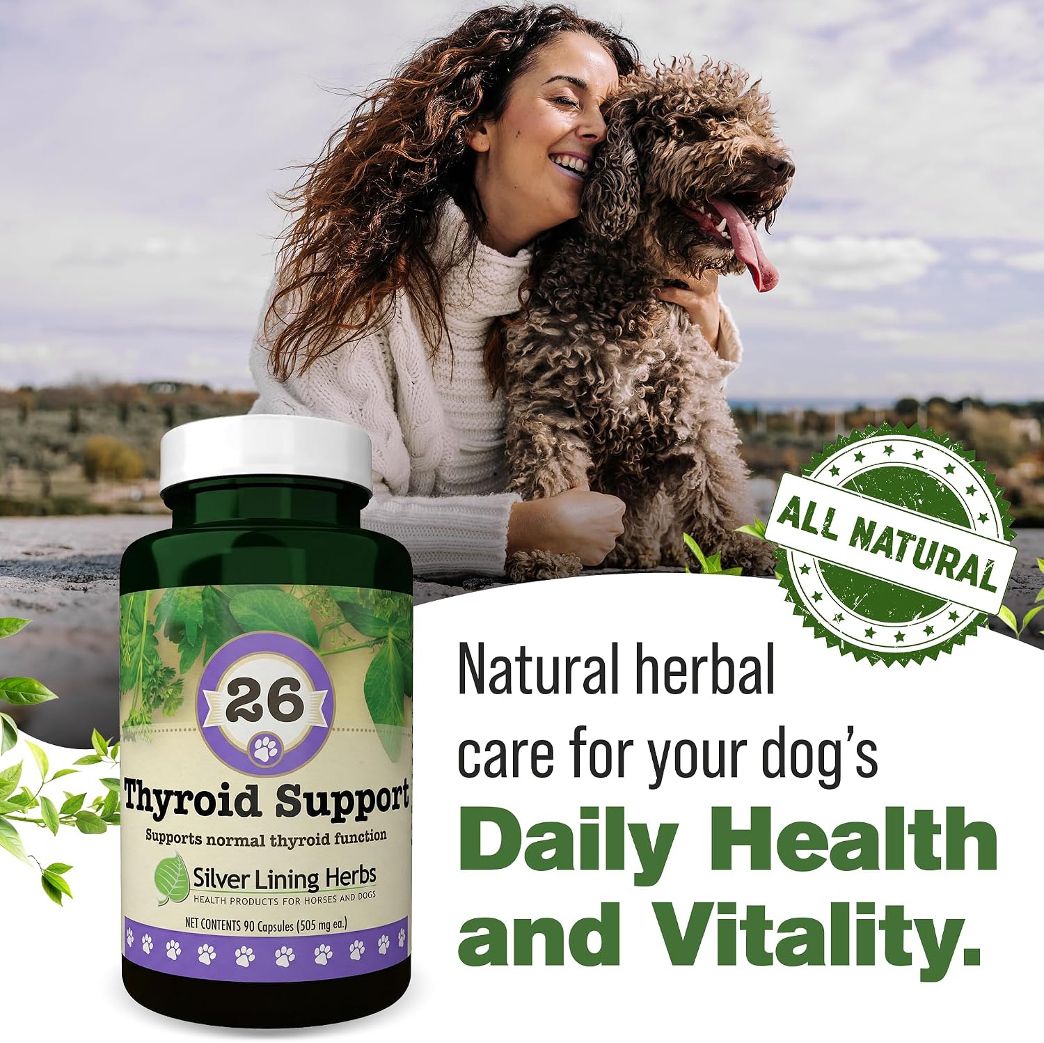 Suplemento Tiroideo Natural para Perros con Perejil, Ashwagandha, Jengibre, Cardo Mariano y Gordolobo - 90 Cápsulas