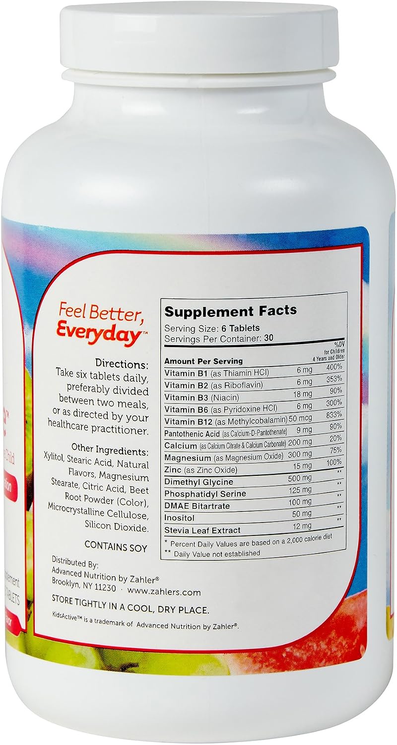 Zahler KidsActive - Fórmula de concentración para niños, 180 comprimidos masticables sabor ponche de frutas