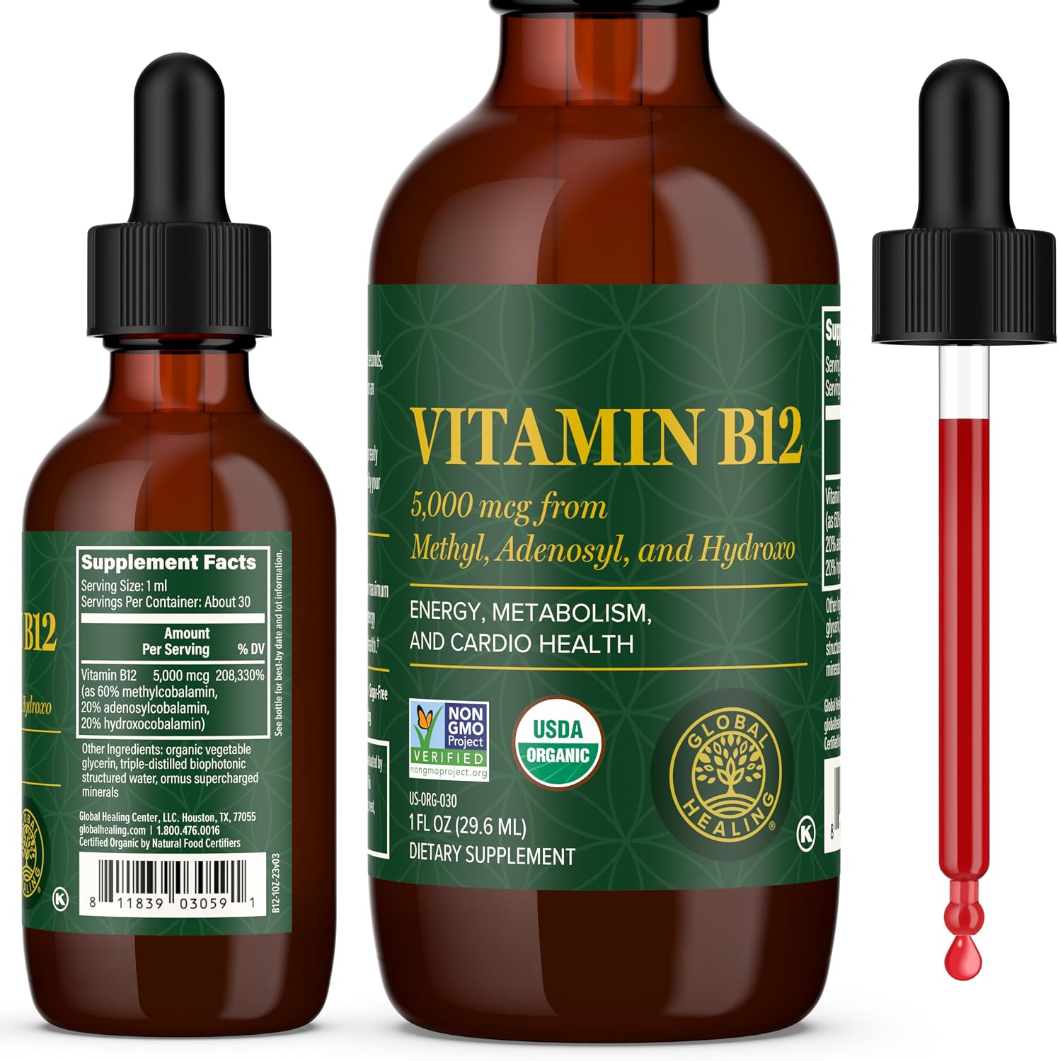 Global Healing - Vitamina B12 Orgánica 5000 mcg Sublingual - Metilcobalamina e Hidroxocobalamina