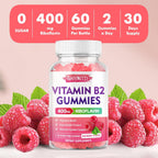 Gominolas de Vitamina B2 (Riboflavina) 400 mg con Magnesio – Sin Azúcar, Veganas, Sabor Frambuesa – 60 Unidades
