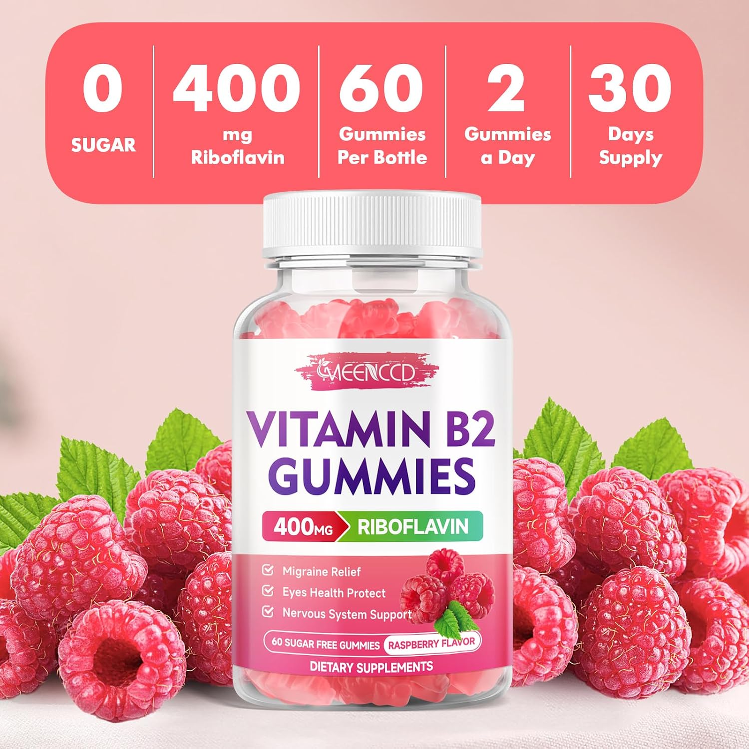 Gominolas de Vitamina B2 (Riboflavina) 400 mg con Magnesio – Sin Azúcar, Veganas, Sabor Frambuesa – 60 Unidades
