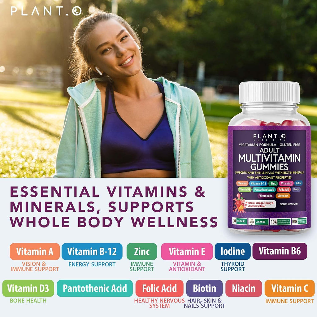 Gominolas Multivitamínicas Completas para Adultos – Mezcla de Vitaminas A, B, C, D, E, Zinc y Biotina – Energía e Inmunidad – 90 Gominolas Veganas Sin Gluten