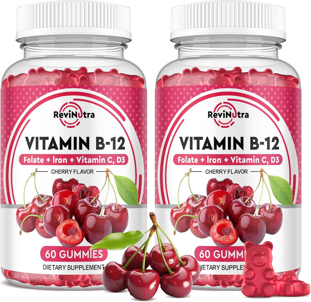 Vitamin B12 Gummies 5000 mcg con Hierro, Vitamina C, D3 y Folato - Complemento Alimenticio en Gominolas Sabor Fresa