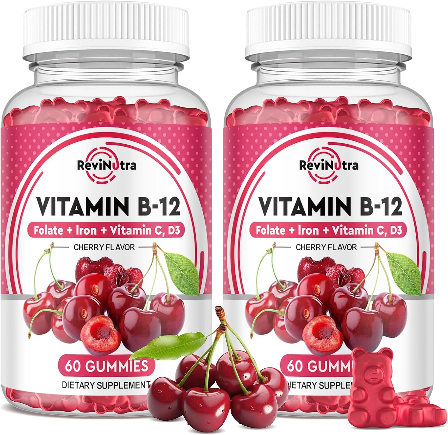Vitamin B12 Gummies 5000 mcg con Hierro, Vitamina C, D3 y Folato - Complemento Alimenticio en Gominolas Sabor Fresa