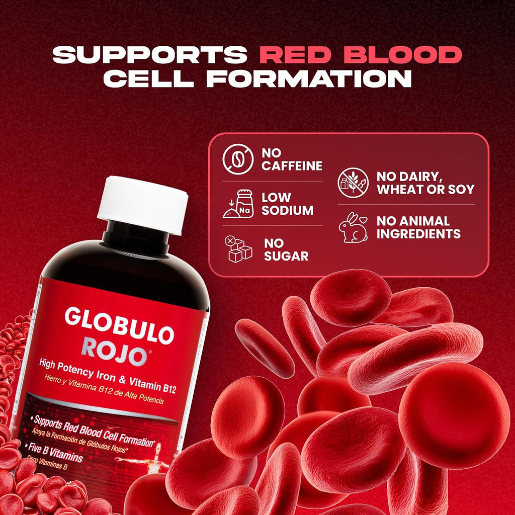 Globulo Rojo Suplemento de Hierro Líquido - Alta Potencia con Vitaminas B - Vegano - 473 ml